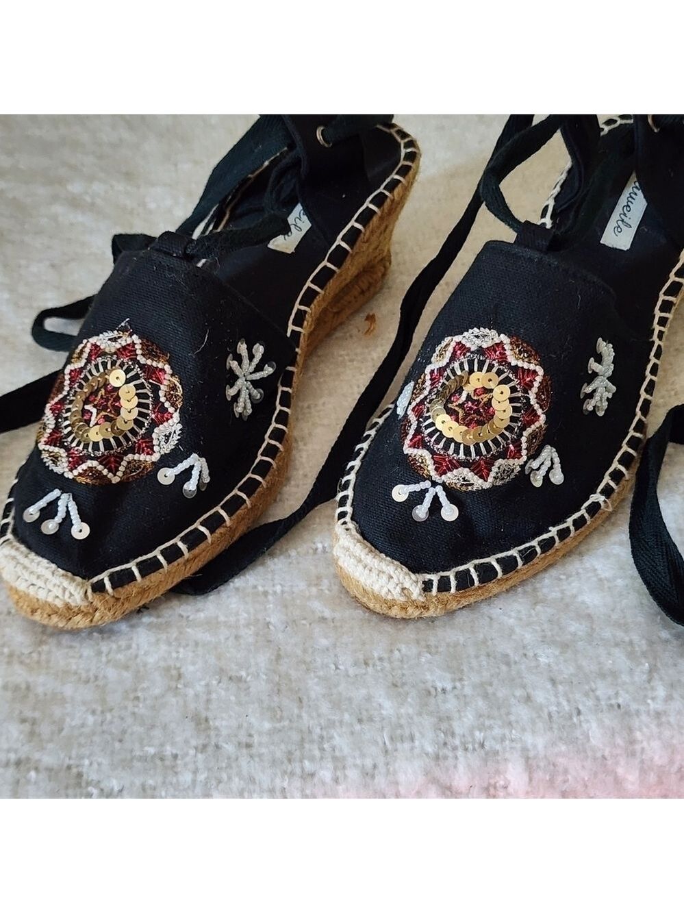 Niweile wedge espadrile sandal color black with floral embroidered size 38 - Picture 2 of 7